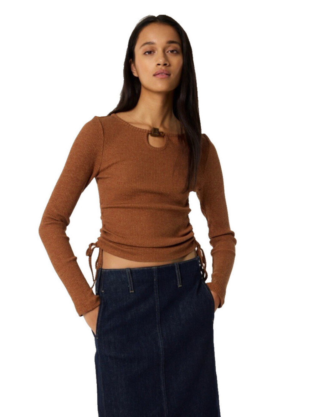 Fabienne Chapot Long Sleeve Ribbed Drina Top Side Ruched Burnt Orange Womens M